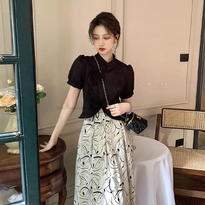 

Chinese Two Piece Buckle Women New Chinese Style Short Sleeved Shirt Lady Vintage Jacquard Shirt Half Skirt Hanfu Qipao Set