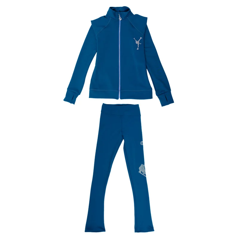 New Ice Figure Skating Jacket Pants Women Girl Trousers Top Black Teens Children Kids Colored Blue Rhinestones Training