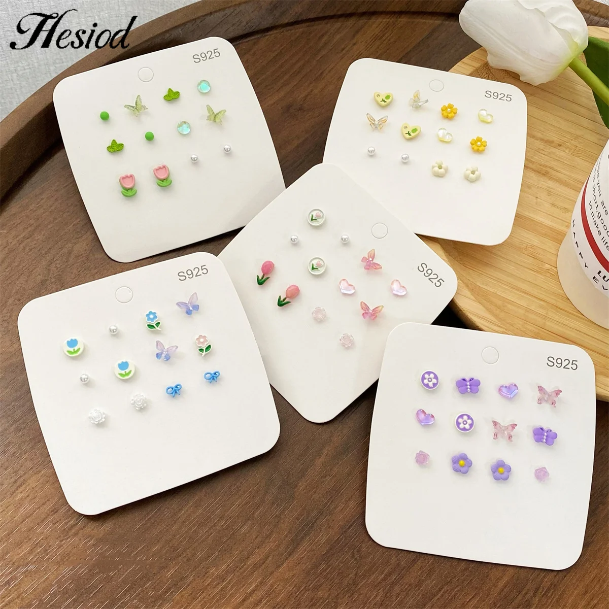 

S925 Needle Cute Sweet 5 Colors Flower Butterfly Resin Stud Earrings Set For Women Korea Jewelry Accessories Birthday Gifts