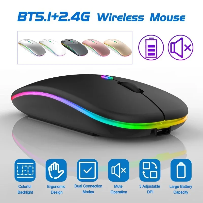 RGB Gaming Mouse Wireless Bluetooth-compatible USB Rechargeable LED Backlit Silent Design for iPad Laptop PC Gamer