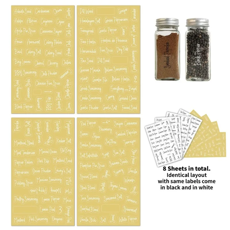 8sheet/set Transparent Spice Labels Preprinted Waterproof Black White Letter Kitchen Jar Stickers for Cans Self-Adhesive