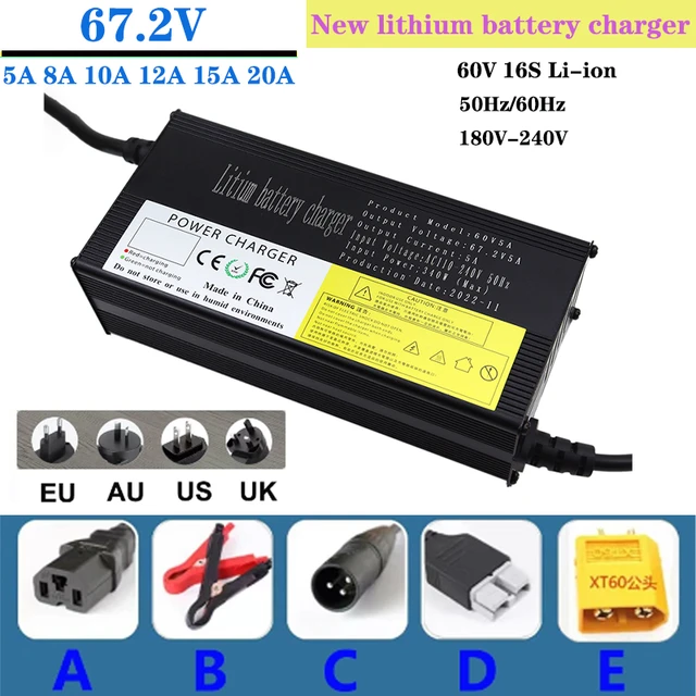 67.2V 3A / 60V 3A Cargador de batería de litio Adaptador de CA Fuente de  alimentación para baterías de iones de litio 16S 60V Paquete con enchufe de  3