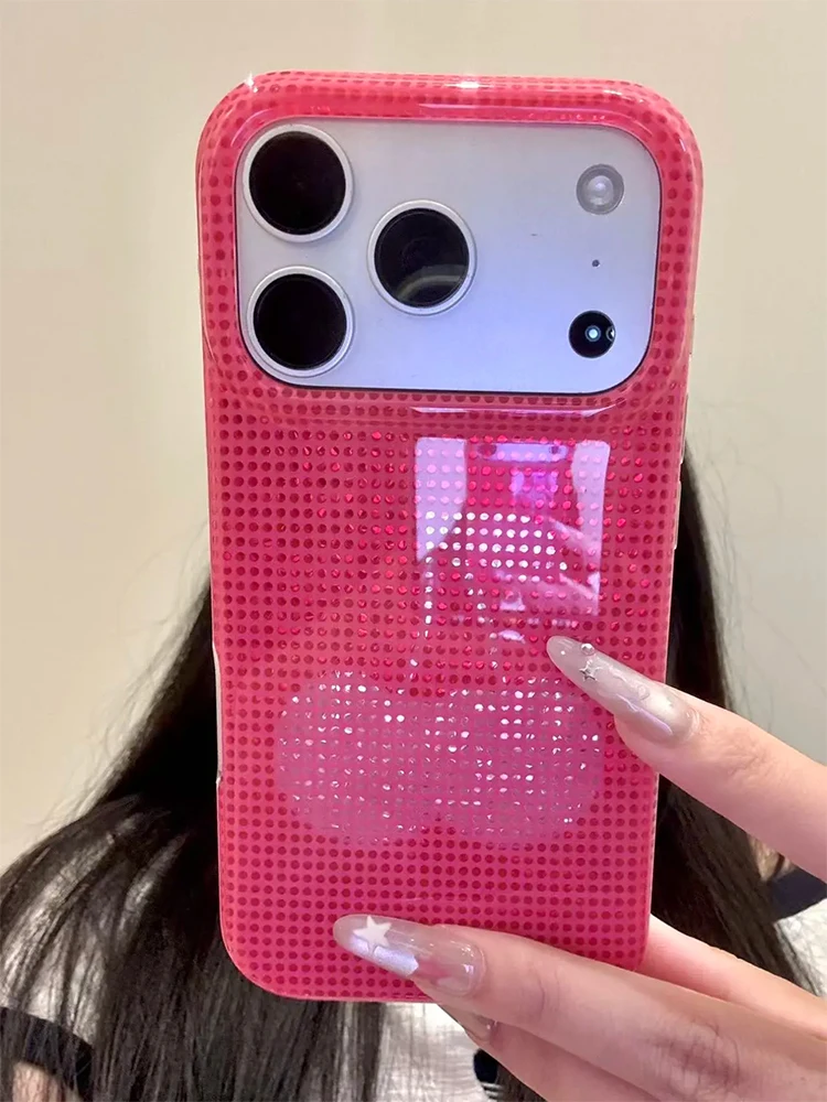 Stylish Rhinestone Cherry Glitter Phone Case - Glossy White & Hot Pink