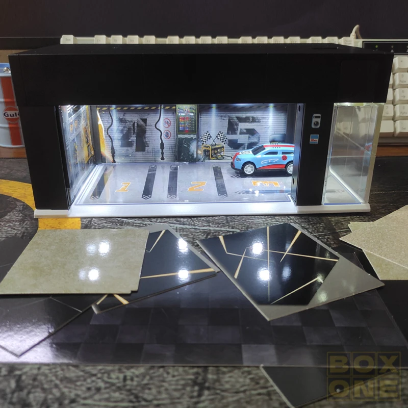 :64 Sc Gate Garage Model Display Case Lighting Car Parking Garage Toy Collectible Alloy Vehicle Static Model 