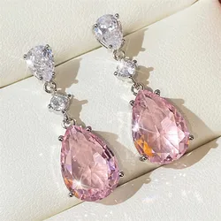 Sterling Silver Pink Pear Cubic Zirconia Drop Earrings - Elegant Fashion Jewelry (65704)