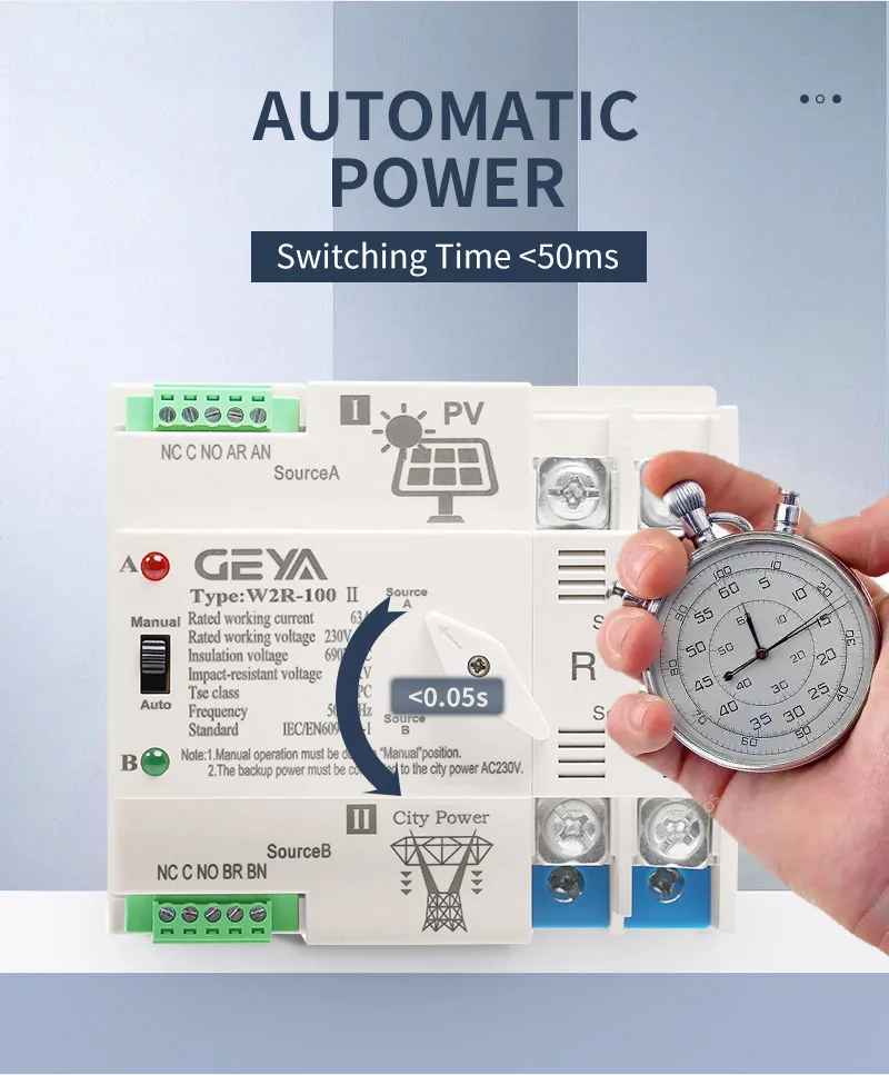 NEW GEYA on-Grid Solar Power Automatic Transfer Switch Din Rail 2P 3P 4P  63A AC220V ATS PV System Power to City Power