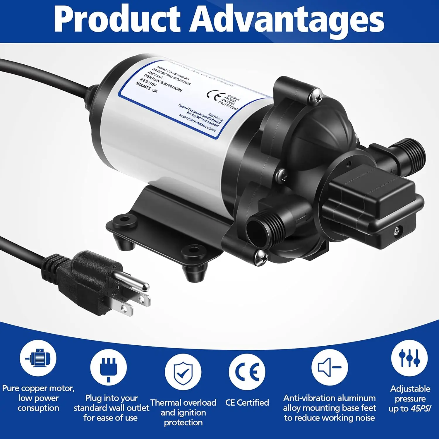 Water Pressure Diaphragm Pump Industrial 115V Self Priming 4 Gpm 45 Psi Water Booster Pump with Power Plug