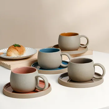 Retro Coarse Pottery Mug & Saucer Set, Nordic Style, Perfect for Afternoon Tea & Breakfast Latte 1