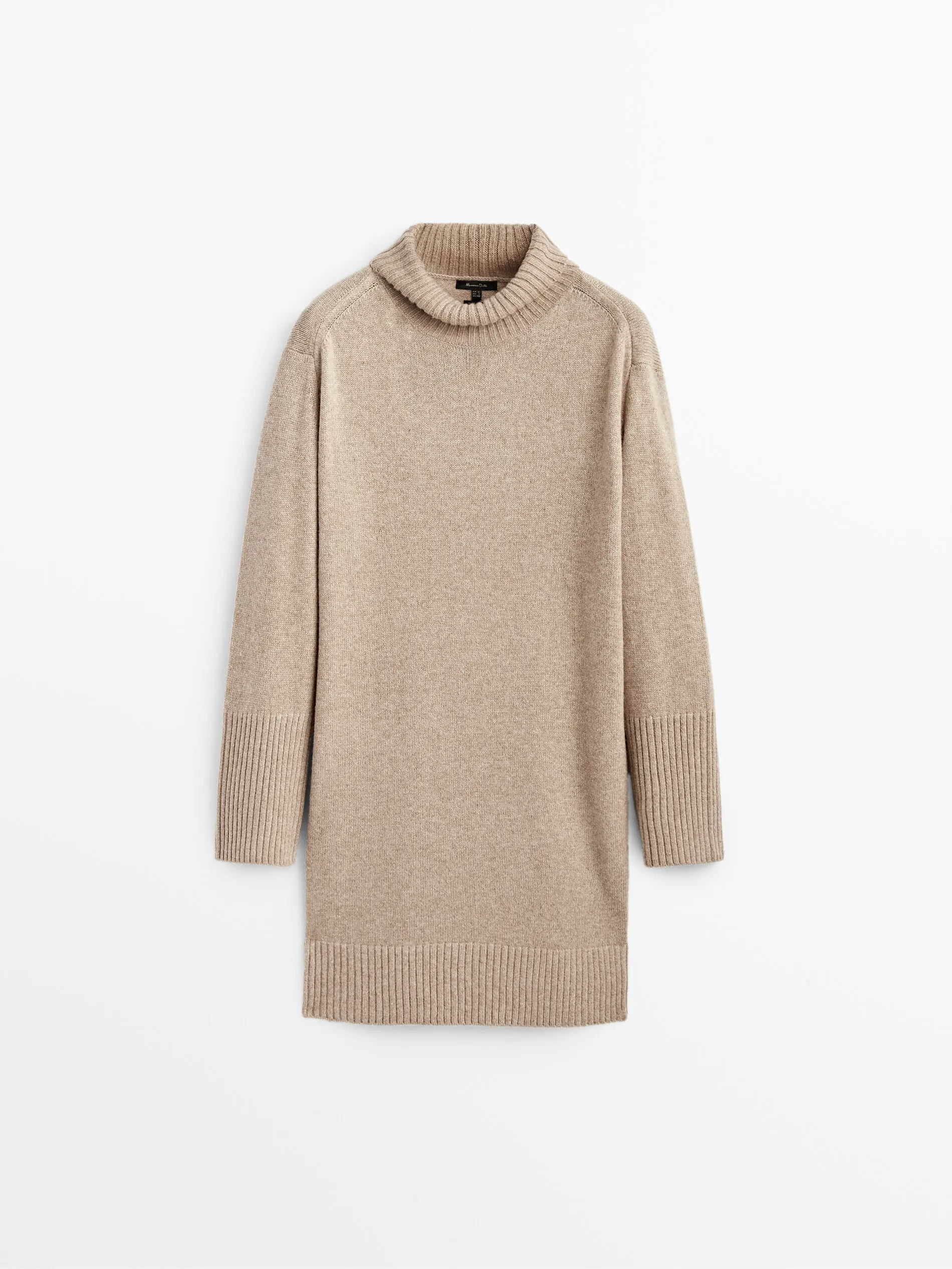 Turtleneck Knit Sweater Dress Women’s autumn style of soft Knit above knee ribbed petite size womens simple workwear fashion dresses for Woman in light tan camel color