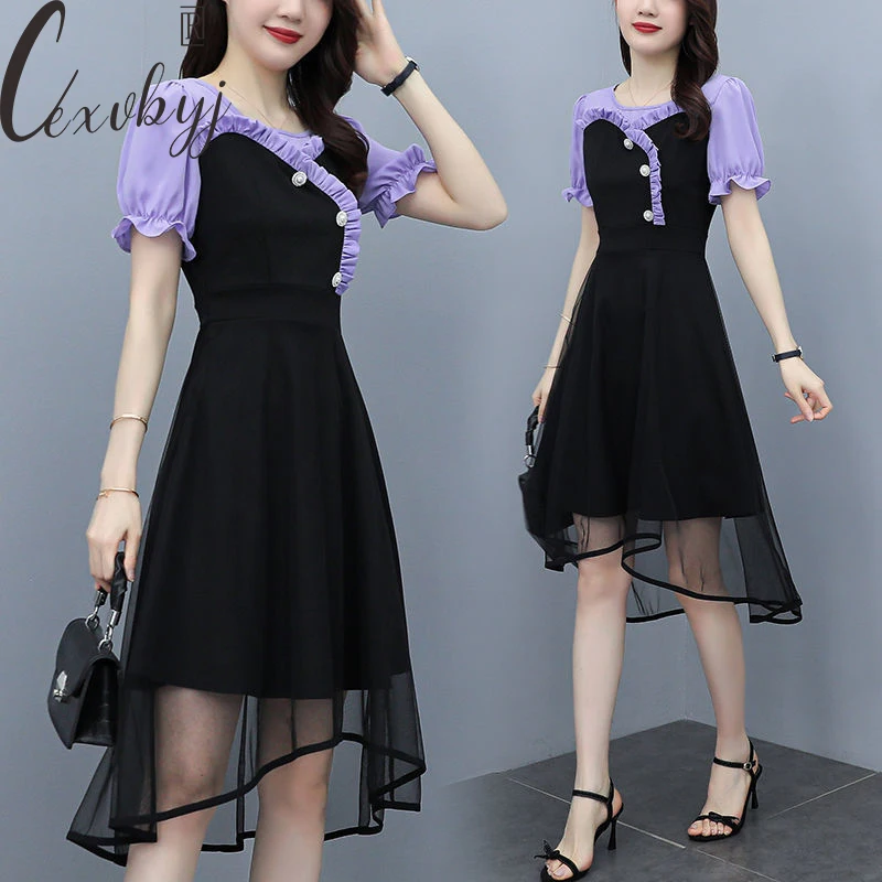 

Женское платье миди с рукавом-бабочкой, элегантное платье большого размера в стиле пэчворк, корейское модное сетчатое пляжное платье с круглым вырезом