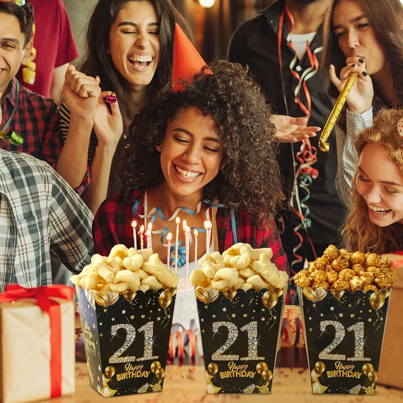 Description Picture 5 of item6pcs Birthday Paper Popcorn Box Black Gold Party Favor Treat Box for 18 21 30 40 50 60 Years Old Aldult Birthday Party Suplies