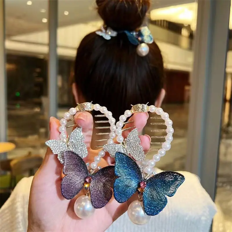 2022 New Pearl Rhinestone Butterfly Head Buckle Retro Embroidered Butterfly Pearl Pan Hair Clip Head  Horsetail Buckle Headdress