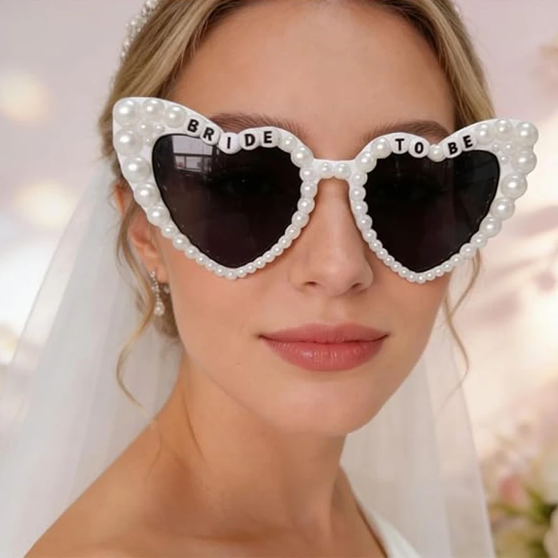 Bride To Be Pearl Heart Sunglasses & Bow Veil & Sash Wedding Bachelorette Party Decoration Bridal Shower Accessories Photo Props - 3