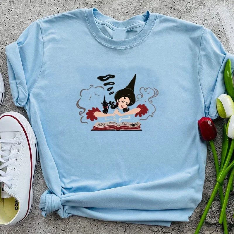 

Short Sleeve Print Clothing Women's T-Shirt Witch Bible Vintage Halloween T Shirts Cotton Retro 90s Grunge Clothes Wicca Y2k Top
