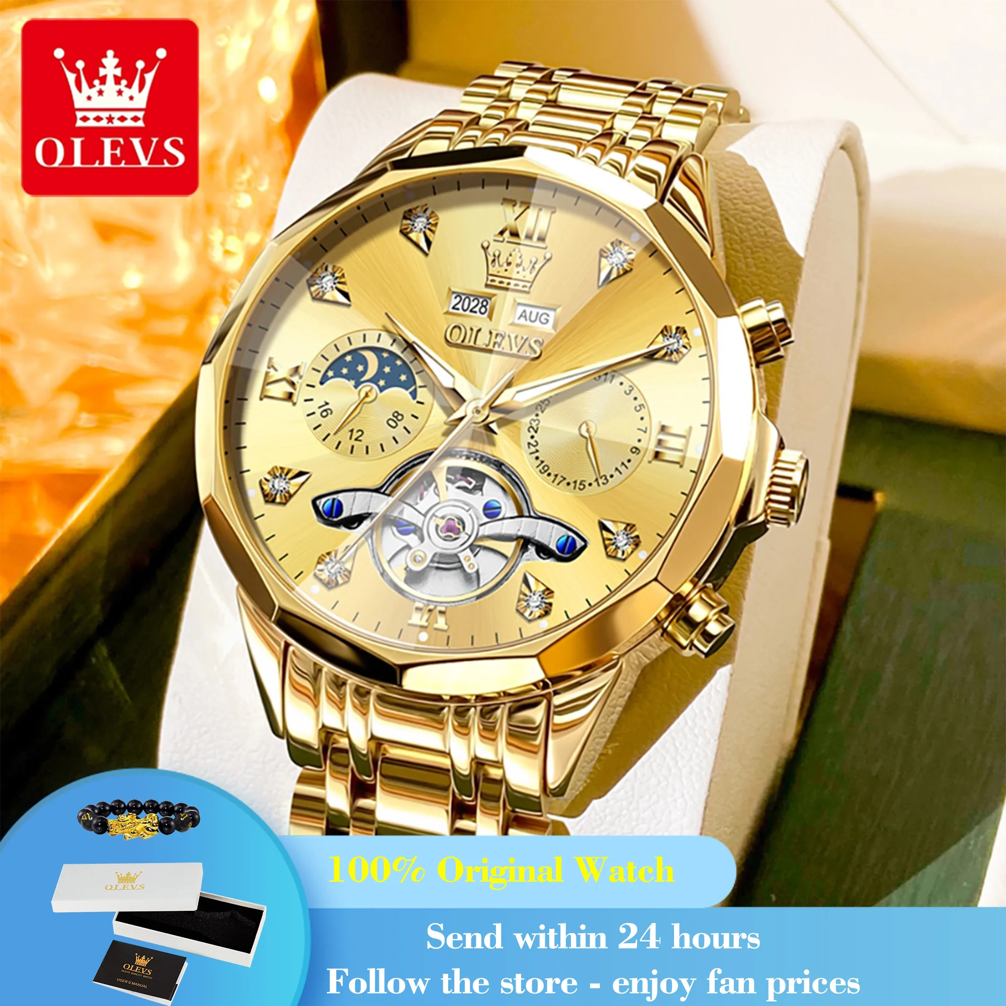 OLEVS 6621 Man Automatic Watch Rhombus Mirror Hollow Skeleton Mechanical Watch For Men Steel Strap Moon Phase Luxury Wristwatch