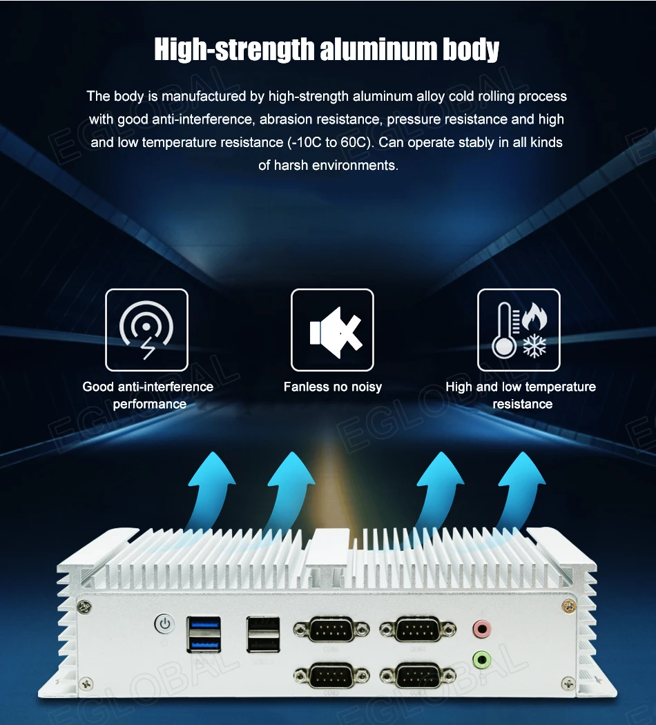 Eglobal Industrial Fanless Mini PC with I5 6300U, I7 10510U, Windows 7/8/10, VPN Router, VGA, HDMI, 4G, WiFi, BT Description Image.