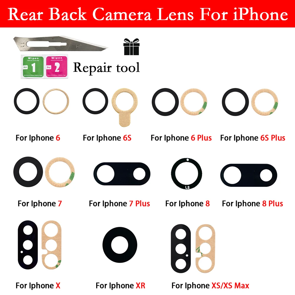 

1 Set Lens for iPhone 7 8 6 6S Plus X XR XS Max Rear Back Camera Glass Lens With Adhesive Repair Tool Replace lens Spare Parts