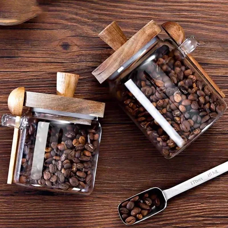 Kitchen Glass Jar Grains Coffee Beans Tealeaf Storage Containers with Wood Spoon Lid Clear Spice Jar Moisture-proof Storage Tank 5