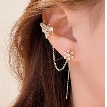 Korean Fashion Crystal Flower Tassel Earrings For Women Jewelry 2025 Trending New Luxury Zircon Butterfly Ear Clip Earrings Gift