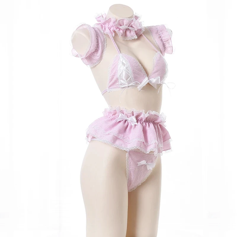 Anime Maid Cosplay Costume Pink Lace Bra PantiesMini Skirt Outfits Cute Lolita Uniform Student Role Play Sexy Lingerie