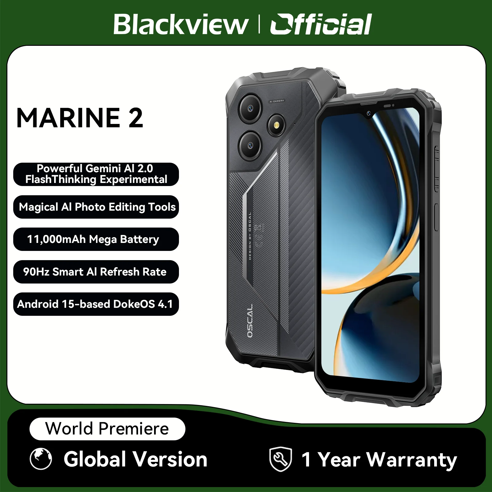 Blackview OSCAL Marine 2 Rugged Smartphone AI, 6.56'' HD+ Display
