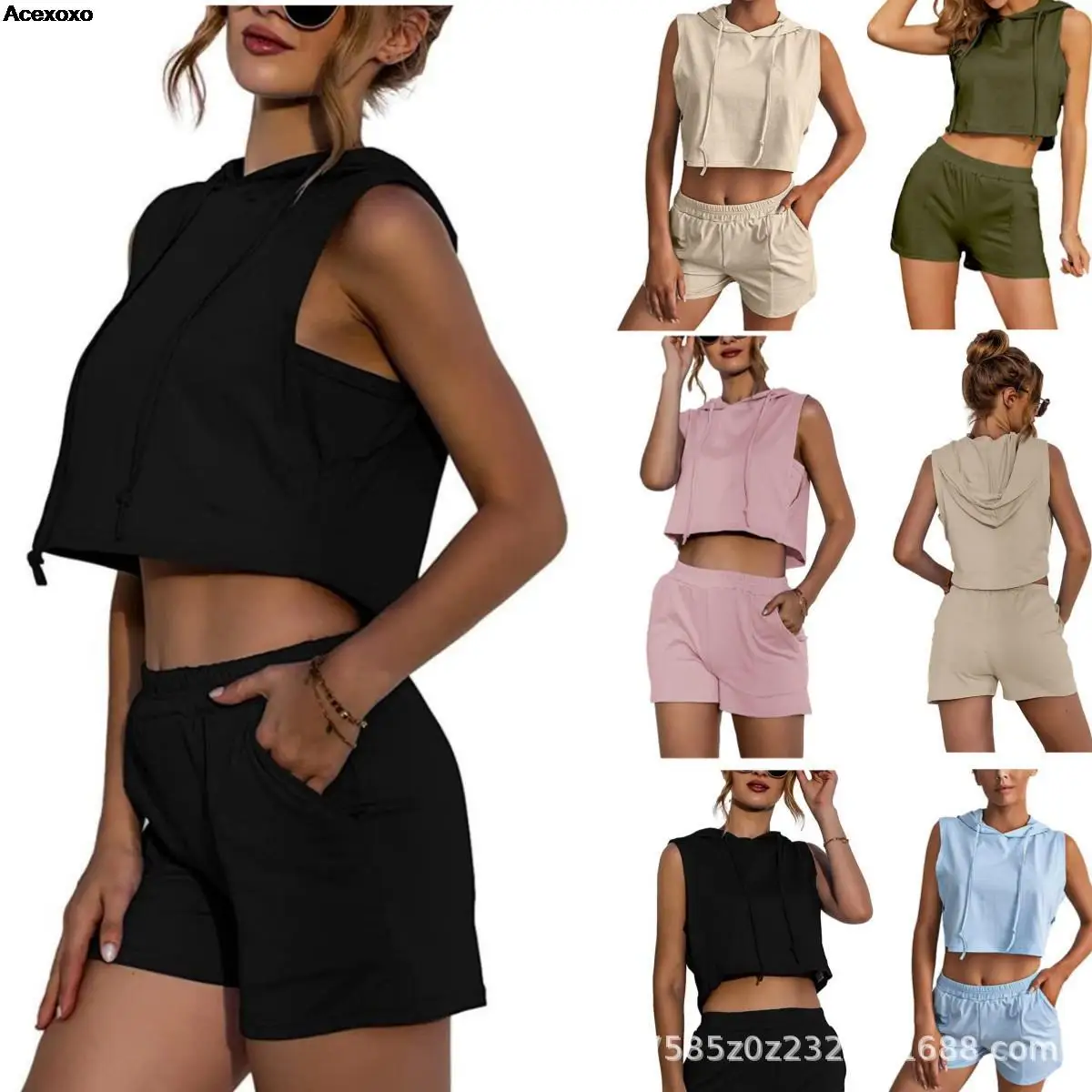 

New 2023 Spring/Summer solid color hooded sleeveless cotton linen vest shorts casual suit
