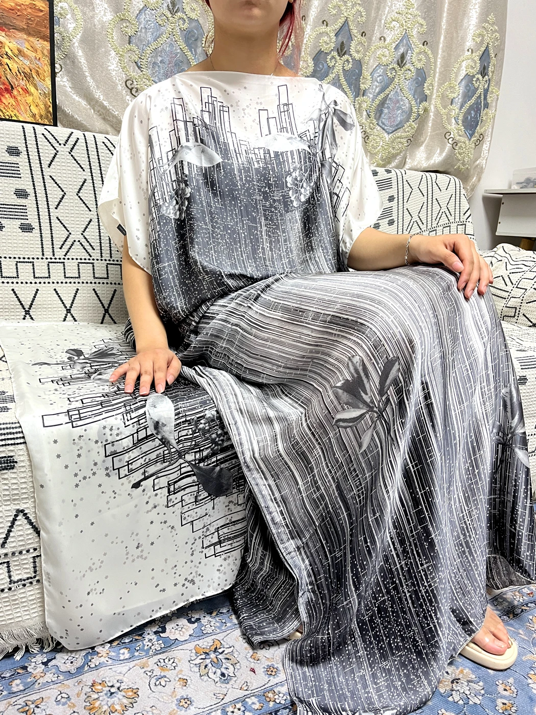 Muslim Abayas For Women 2023 Fashion Printed Satin Silk Loose Femme Robe African Nigeria Party Evening Dresses With Turban Belt
