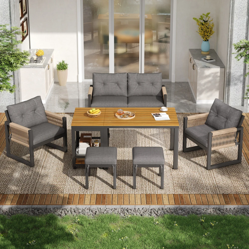 Modernes Outdoor-Mehrsitzer-Sofa-Set mit Eisenrahmen, Geflochtenen Armlehnen, Weichen Sitzkissen & Multifunktionalem Tisch – Detail 8