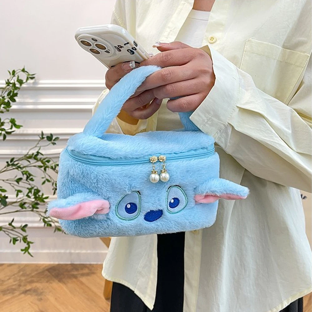 

MINISO Stitch Disney Anime Cosmetics Large Capacity Makeup Storage Bag Woman Box Portable Cartoon Figure Plush Handbag