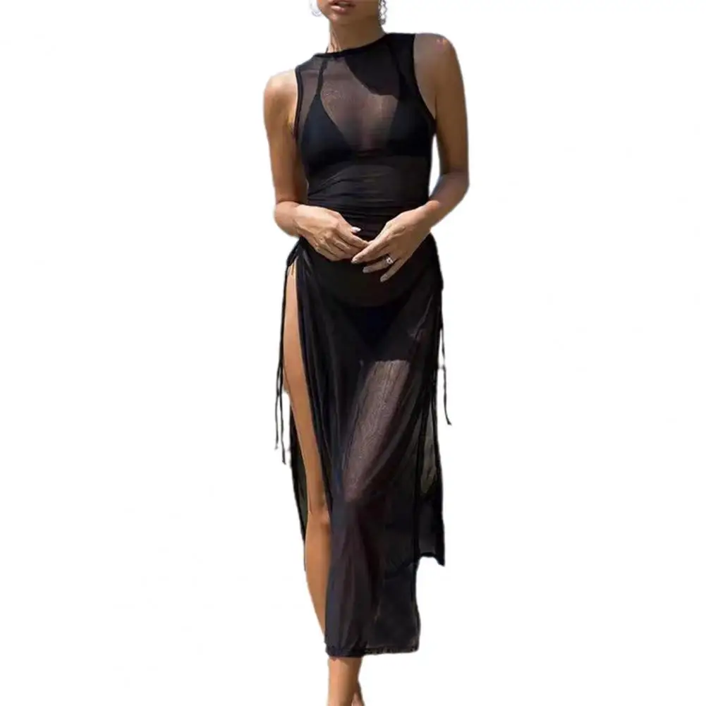 O-neck Side High Split Shirring Cover Up Dress Women Mesh Transparent Sleeveless Sunscreen Vacation fishnet cover up swimsuit cover up swimsuit coverup sunscreen shawl beach dress set