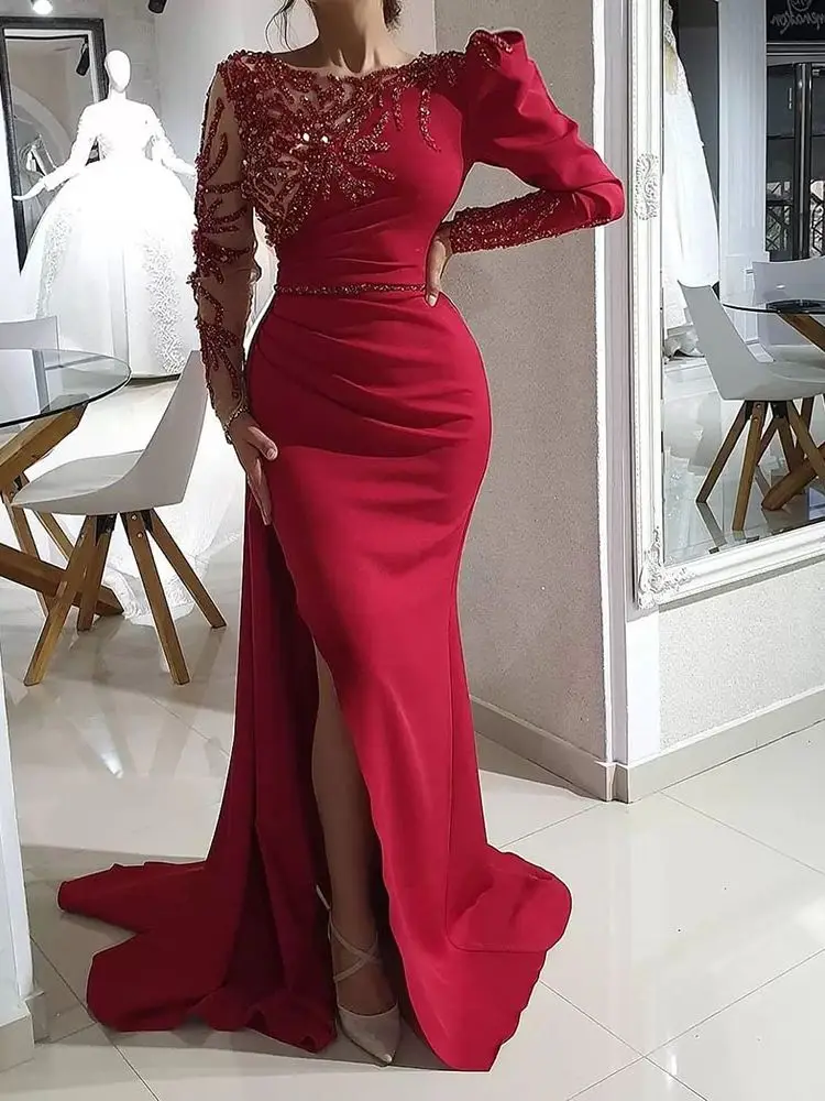 plus size prom & dance dresses Luxurious Mermaid Prom Dress Plus Size Arabic Aso Ebi Burgundy Full Sleeves Crystals Beaded Satin Formal Women Party Evning Gown cute prom dresses Prom Dresses