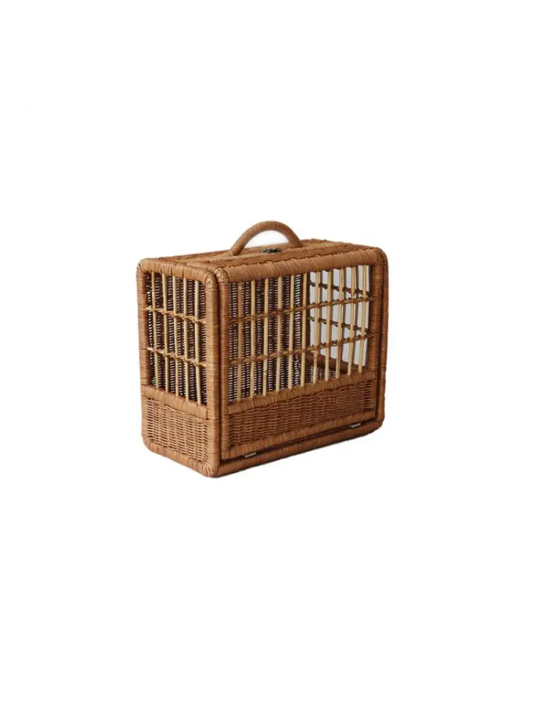 Handmade Rattan Cat Outing Trolley Bag, Labor-Saving, Universal Wheel Trolley Case, Breathable Basket, Pet Supplies