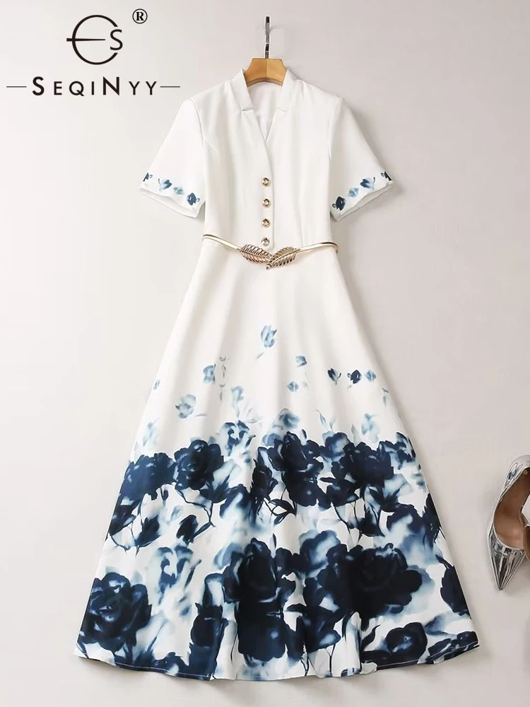 

SEQINYY White Dress Summer Spring New Fashion Design Women Runway High Street Golden Belt Vintage Ink Flowers Print Elegant
