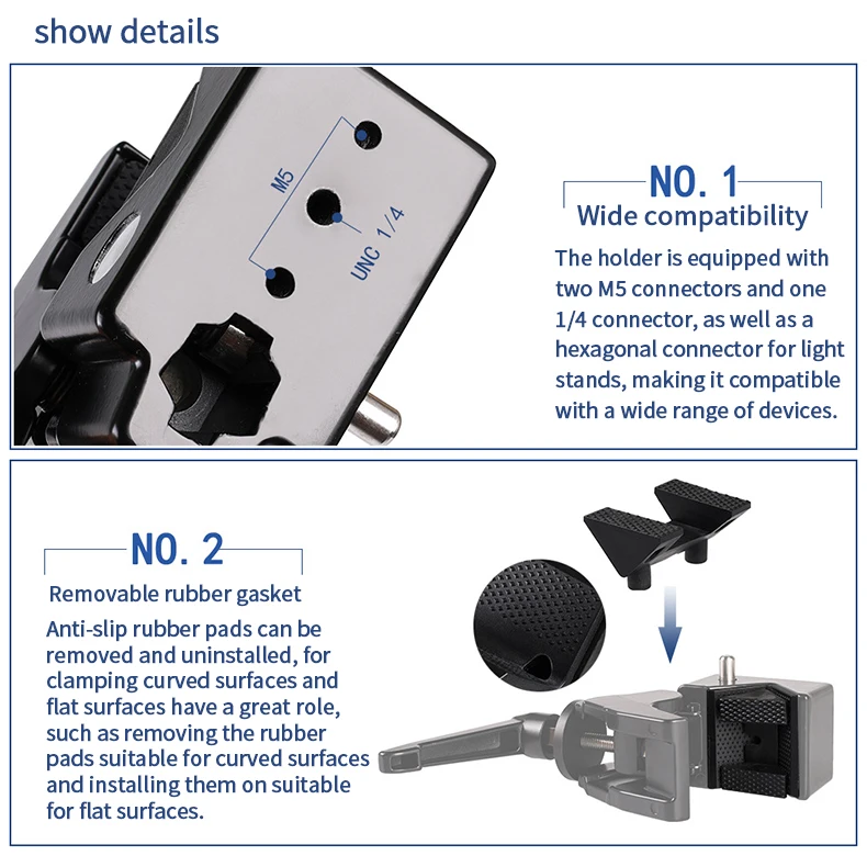 Description Picture 5 of itemUltra-strong universal metal photographic crab clip for 5cm round tube tripod light stand and3cm square tube with 1/4 screw hole