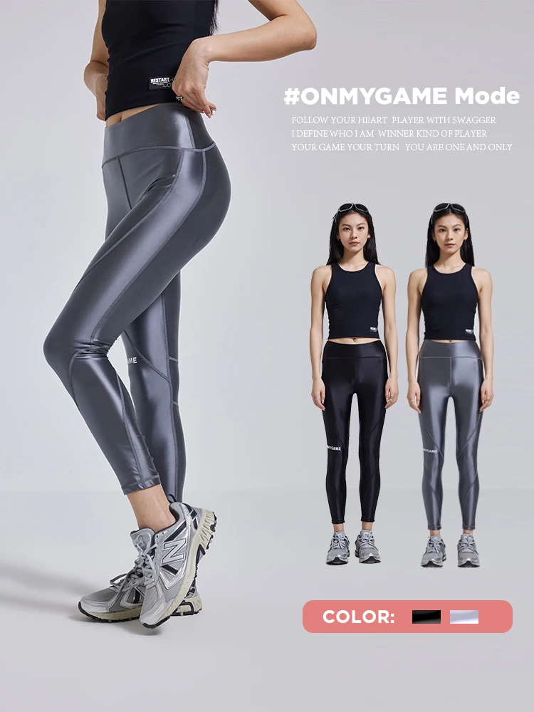 Futurism Glossy Women Sexy Silver Tight Yoga Leggings Satin Training Gym Sports Pants Trousers