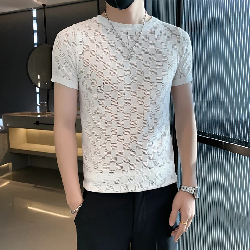 

Трикотажные футболки для мужчин, одежда 2024, деловые повседневные облегающие эластичные топы, футболки для мужчин, Летняя шелковая футболка с коротким рукавом Q02