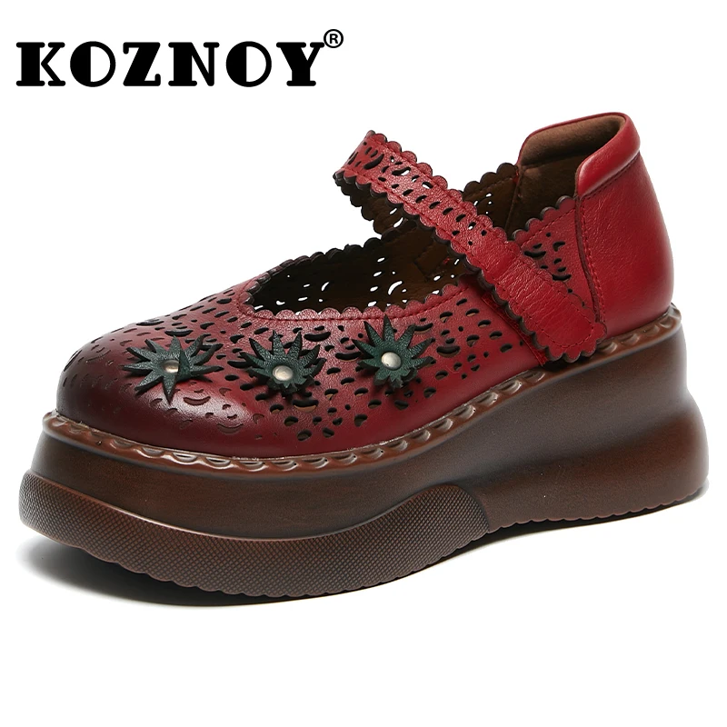 

Koznoy 7cm Genuine Leather Heels Platform Women Flower Summer Hollow Breathable Pumps Mary Jane Moccasins Fashion Hook Shoes