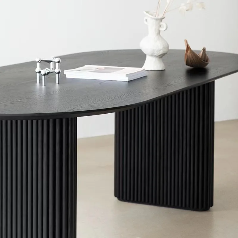 Atunus Nordic Minimalist Reclaimed Solid Wood Black Dining Table Ribbed Modern Luxury Dining Table 8 Seater Oval