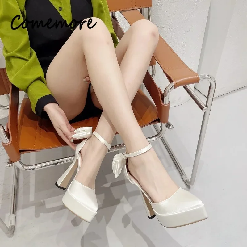 Comemore 2023 Summer New Fashion Satin Pumps High Heel Sandals Bow Buckle Pointed Toe Thick Heel Women's Shoes High Heels Women 3