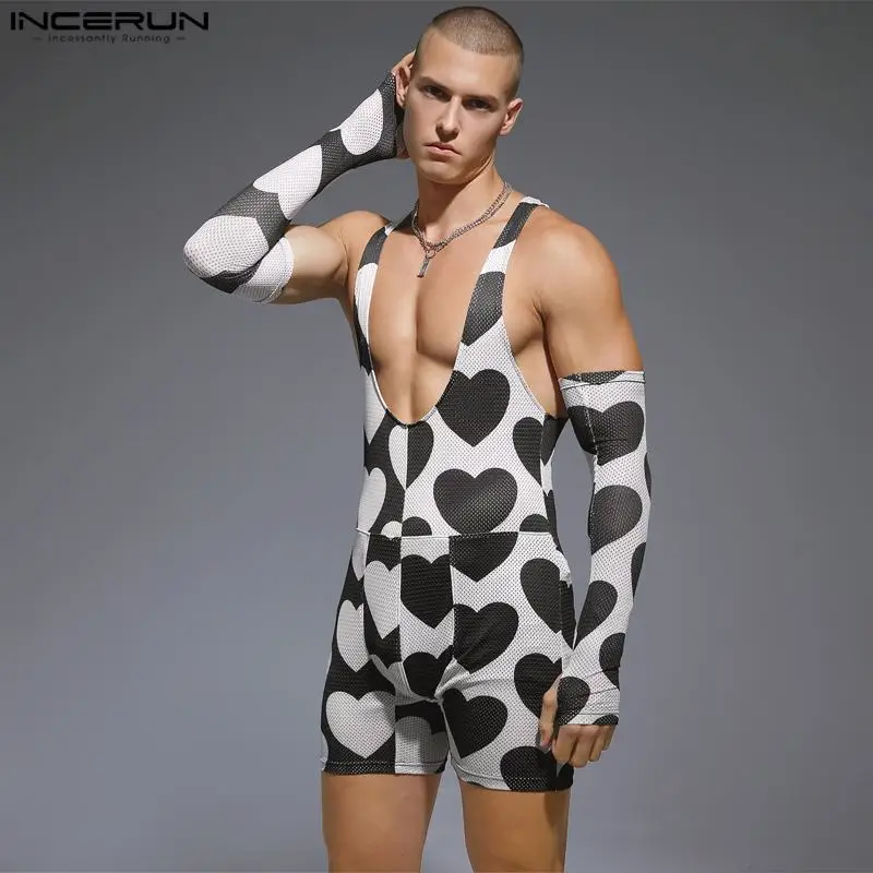 INCERUN 2023 Sexy Men's Bodysuits Love Printing Sleeve Design Jumpsuits Fahsionable Homewear Flat angle Sleeveless Rompers S-3XL