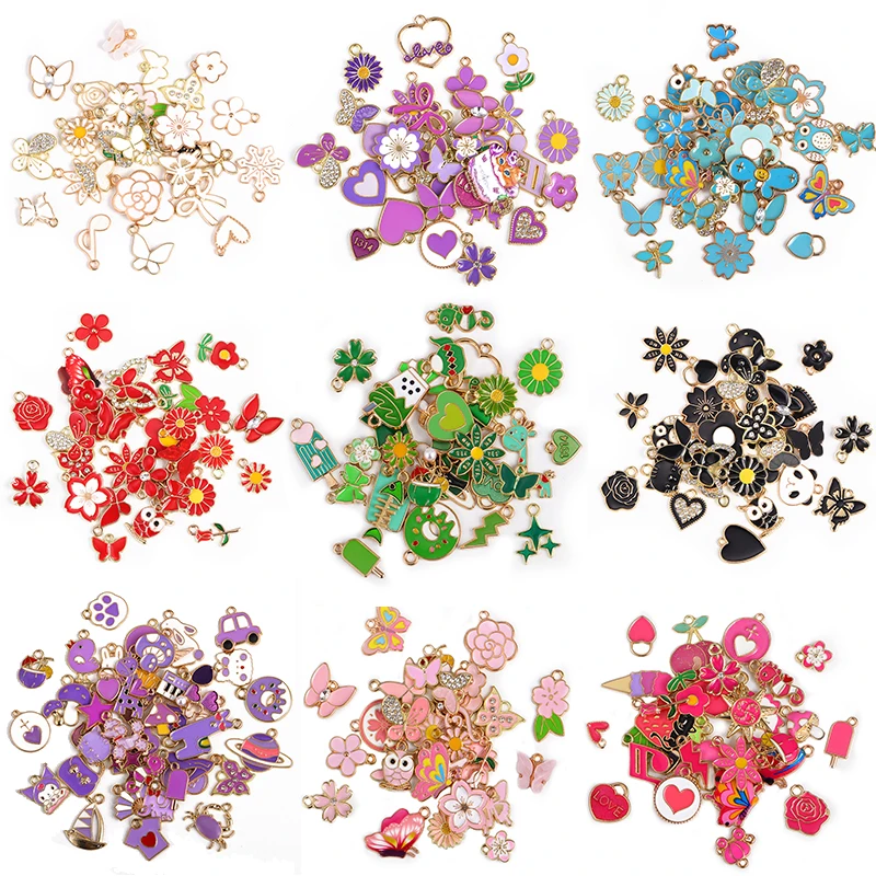 

30Pcs Mixed Colorful Butterfly Flower Animal Plant Love Enamel Alloy Pendant Charm for Earrings Bracelet DIY Jewelry Making Gift