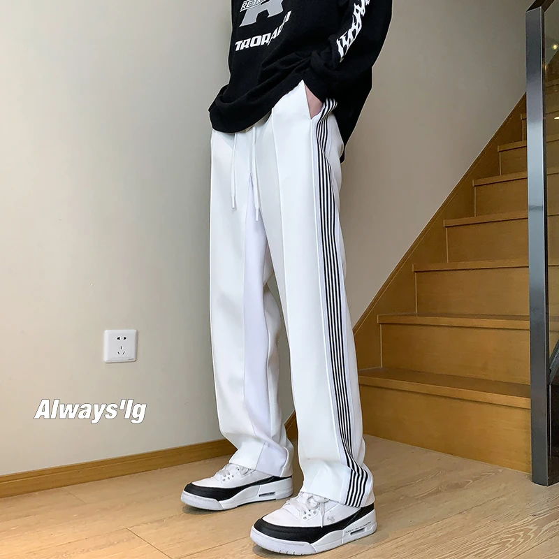

Hybskr New Sweatpants Men Loose Street Fashion Side Striped Wide Leg Pants Large Size Elastic Waist Male Trousers Ribbon 5xl