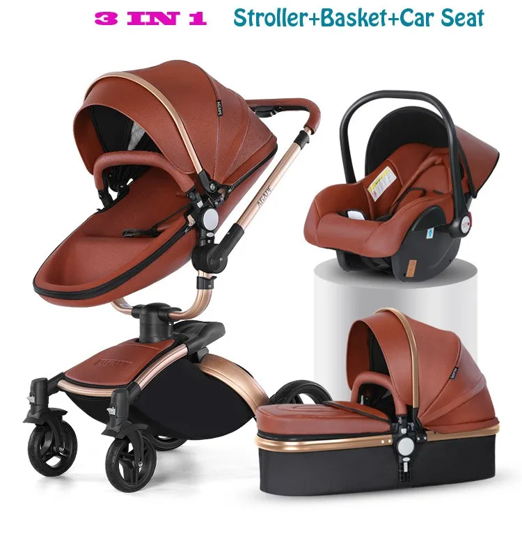 Luxury Leather 3 in 1 Baby Stroller Two Way Suspension 2 in 1 Stroller Safety Car Seat Newborn Bassinet Baby CarriagePram Fold
