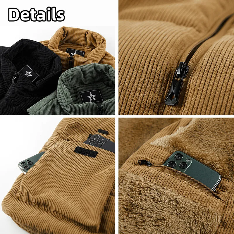 Hiking Vest Hunting Vest 6XL Mens Winter Plus-size Corduroy Cargo Sleeveless Jacket Thick Warm Fleece Lining Multi-pocket Outdoor Hiking Safari Work