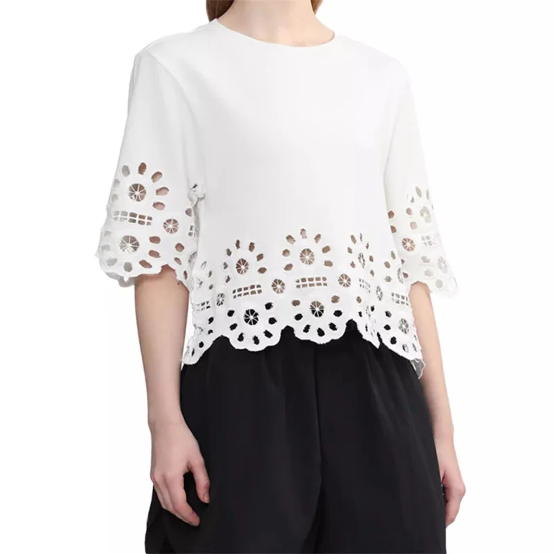 

Футболки, Новинка лета 2024, модный топ с круглым вырезом и коротким рукавом, пуловер из чистого хлопка с вышивкой цветов, женская футболка y2k