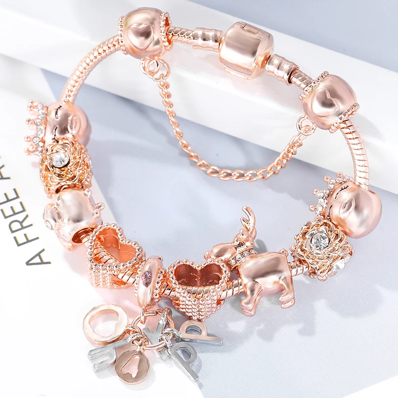 Seialoy Rose Gold Color Bracelet & Bangles For Women Princess Elk Bead HAPPY Charm Bracelets Fit Girl Couple Friendship bracelet jewelry