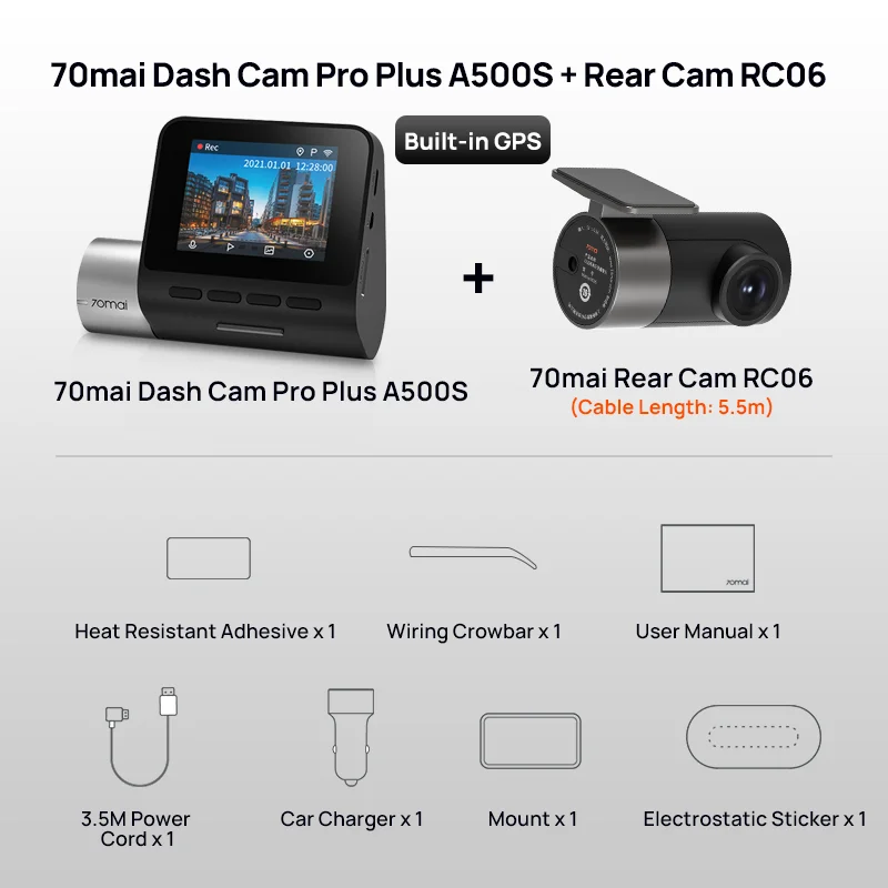 70mai Dash Cam Pro Plus A500S Built-in GPS for ADAS,wifi Car DVR