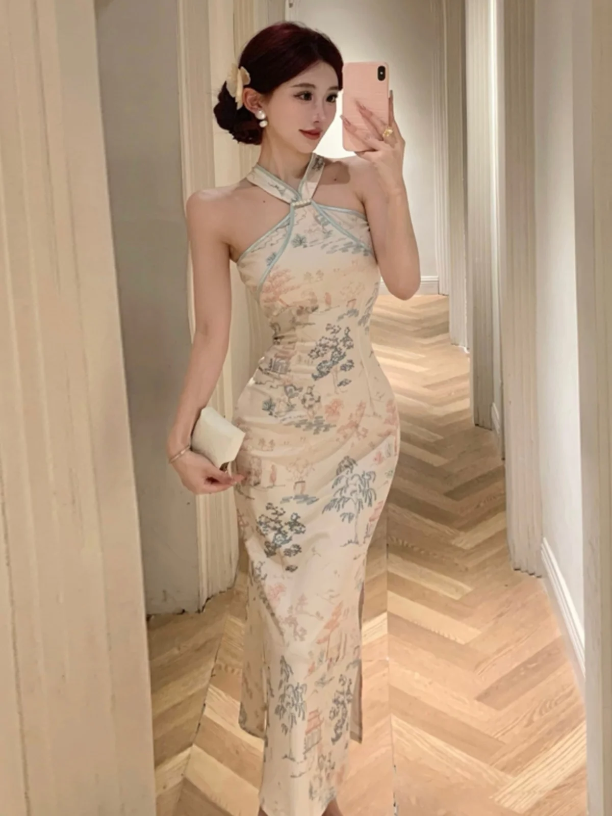 

Harajpoo Fashion Chinese Sexy Off Shoulder Printed Improved Dress French Daily Youth High Waist Slim Wrapped Vintage Vestidos