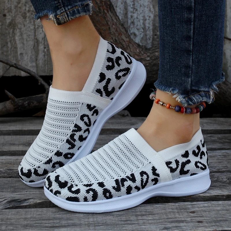 

Lucyever Leopard Printed Flats Shoes Women 2023 Breathable Mesh Casual Sneakers Woman Non Slip Knitted Walking Shoes Size 42