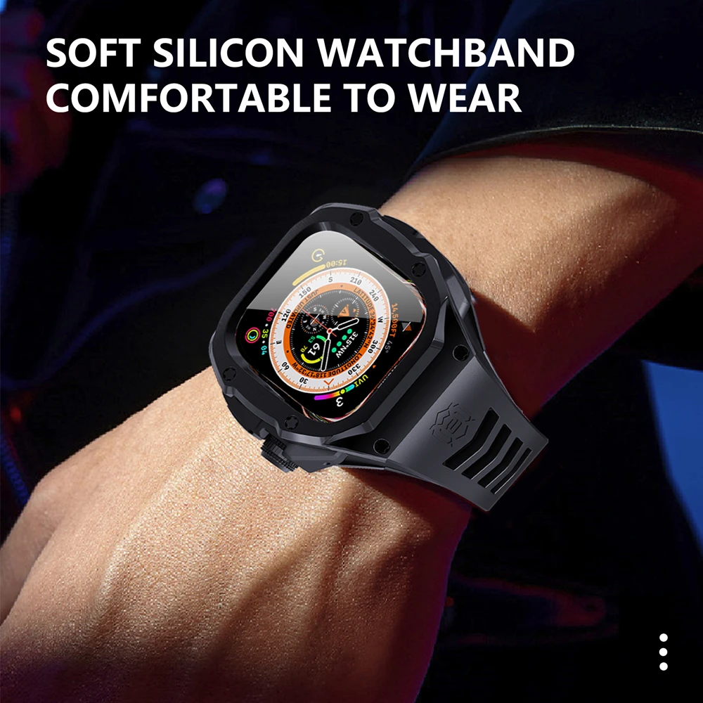 Heavy Metal Stainless Steel Rubber Case For Apple Watch Series 9 8 7 6 5 SE 44MM 45MM Shockproof Case For iWatch Ultra 2 1 49mm